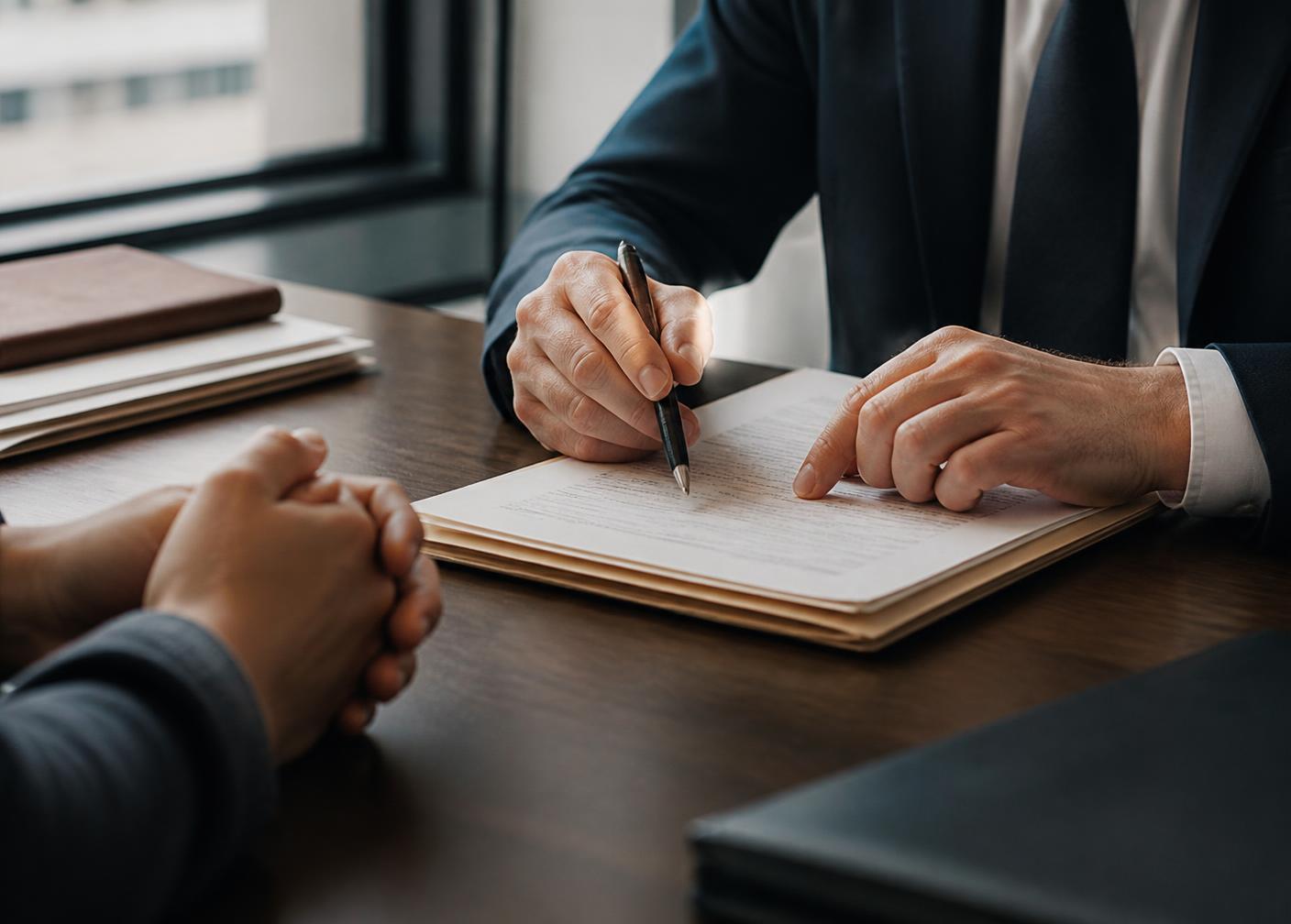 An attorney reviewing a case file with a client across a desk