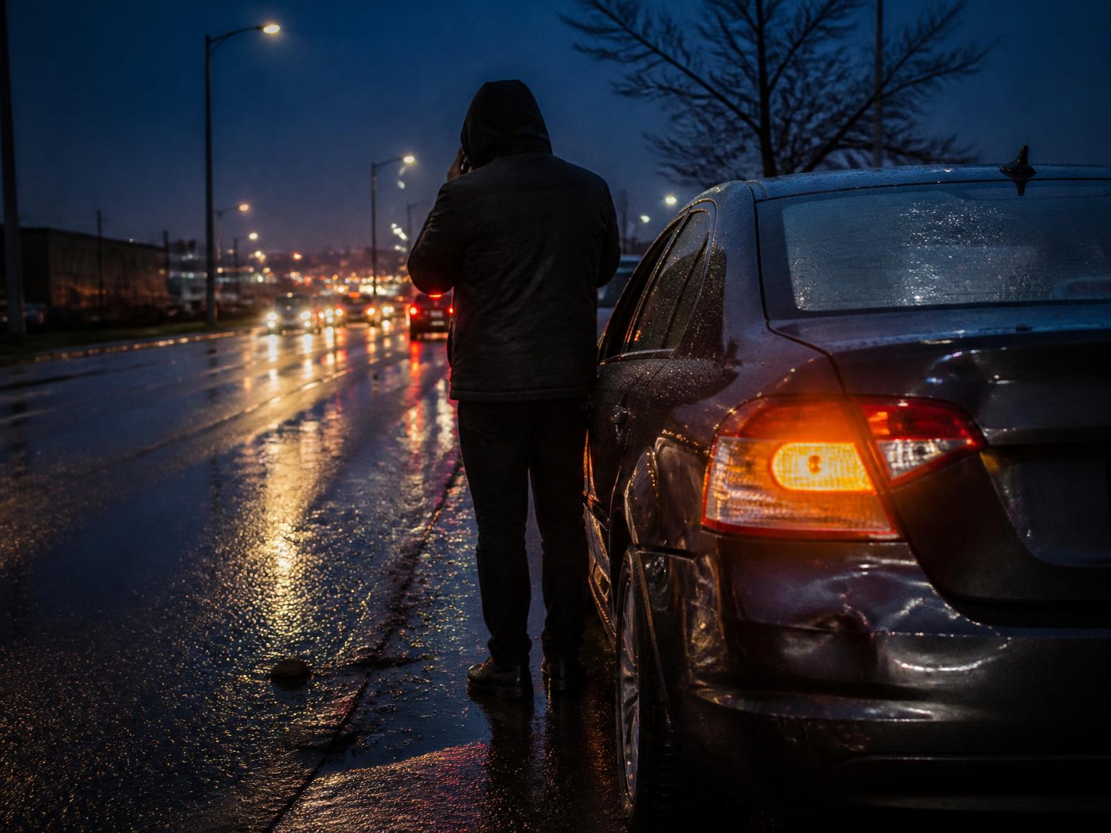 A driver on the phone beside a dented car after a minor collision